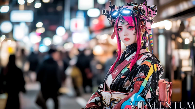 Futuristic Kimono and Technology Fusion in Cyberpunk City AI Image