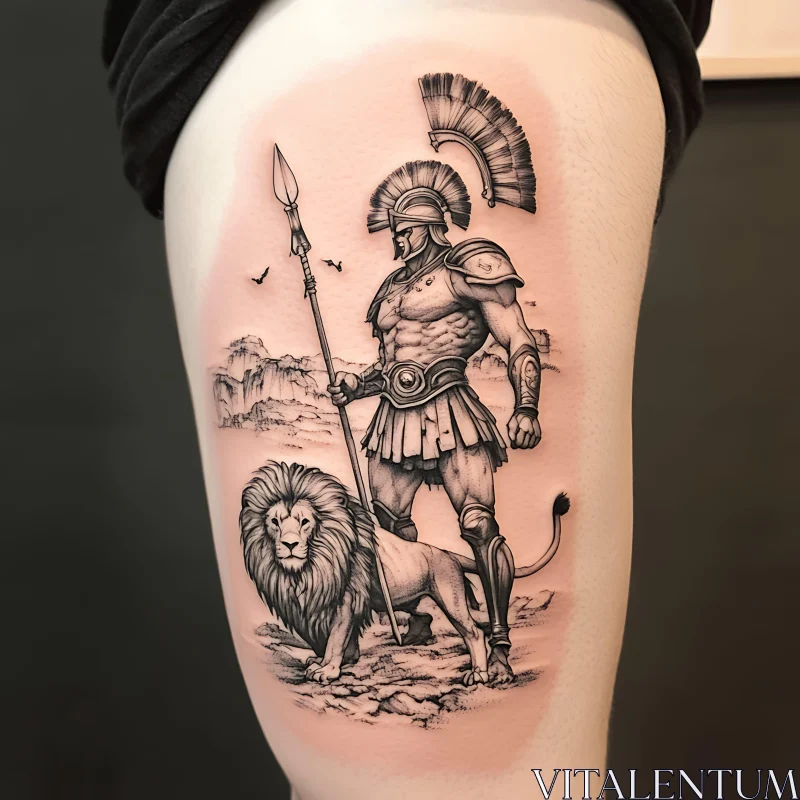 Ancient Warrior and Majestic Lion Thigh Tattoo AI Image