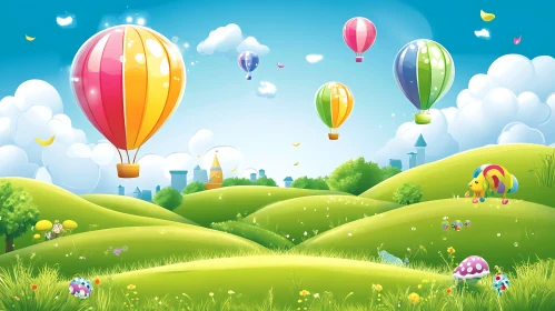 Cartoon Landscape with Balloons