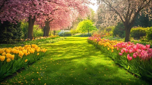 Serene Garden with Tulips and Blossoms