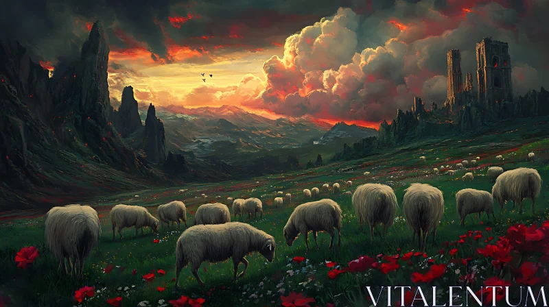 AI ART Pastoral Sheep Scene with Mountain Backdrop