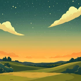 Starlit Sky and Sunset Over Green Hills