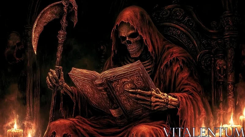 AI ART Macabre Scene: Skeleton Reading by Candlelight