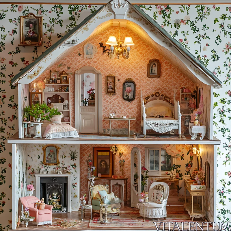 AI ART Detailed Dollhouse with Floral Wallpaper