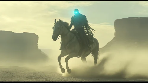 Eerie Horseman in Dusty Landscape