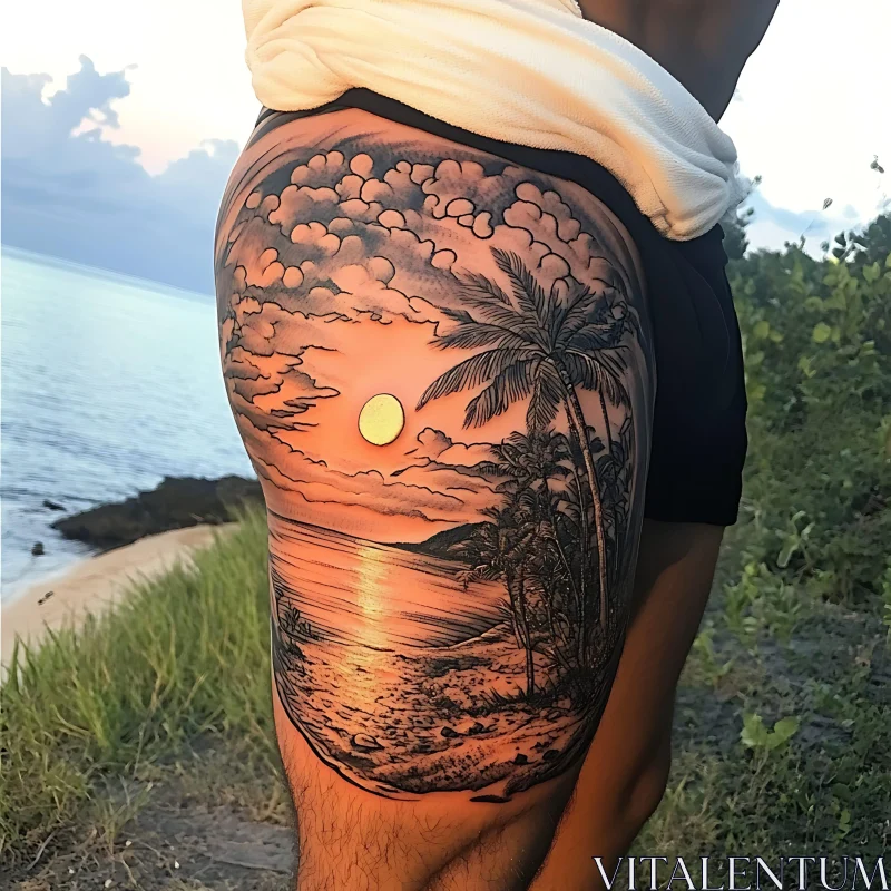 Sunset Beach Tattoo on Thigh AI Image