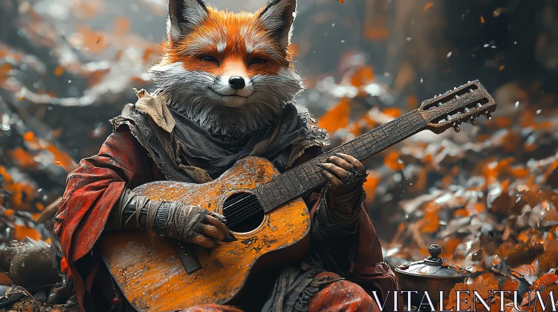 Fox Playing Guitar in Autumn Forest AI Image