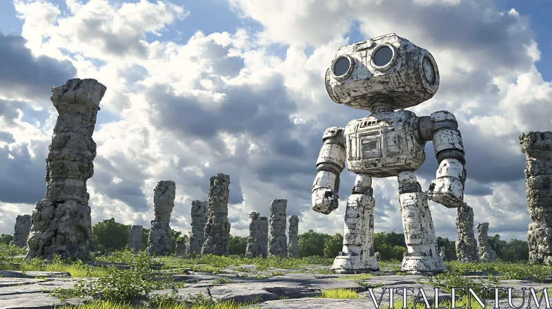 Robot in Stone Pillars Field AI Image