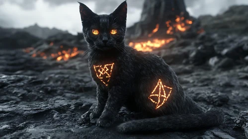 Enigmatic Feline with Glowing Symbols