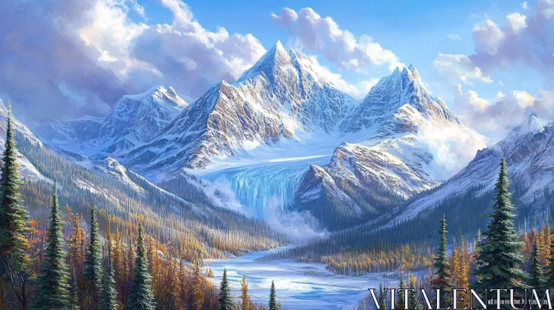 AI ART Majestic Snowy Mountains and Tranquil Valley