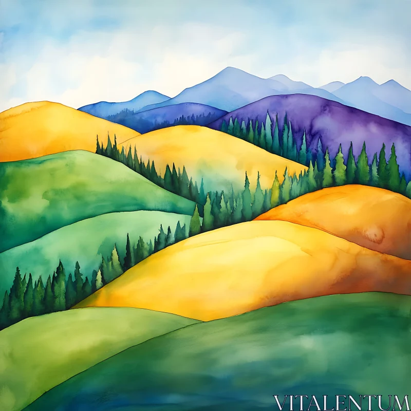 AI ART Rolling Hills Watercolor Serenity Artwork