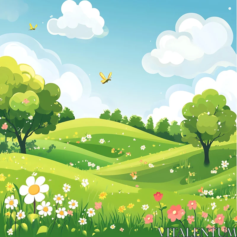 AI ART Cartoon Meadow with Butterflies and Trees