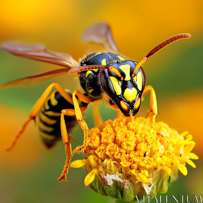 Close-Up of a Wasp on a Bright Yellow Blossom AI Image