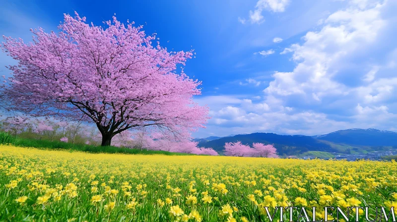 Spring Blossom Landscape with Cherry Tree AI Image