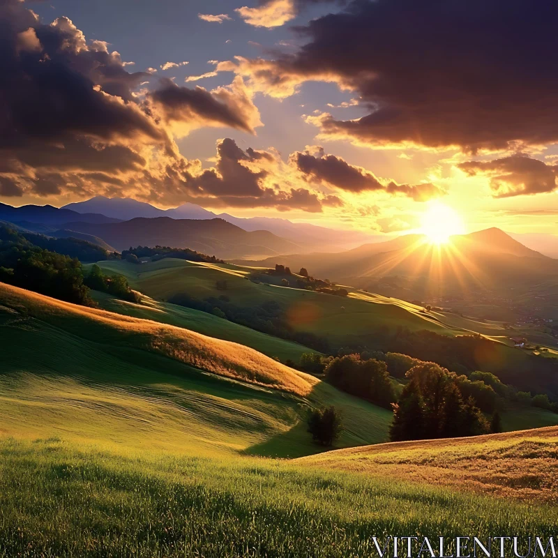 Picturesque Sunset Landscape with Rolling Hills AI Image