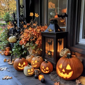 Autumnal Halloween Display with Glowing Pumpkins
