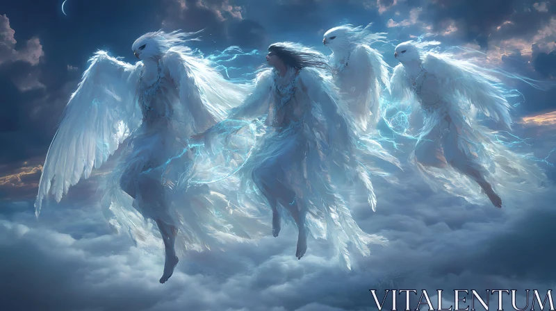 Angelic Beings in Flight Above the Clouds AI Image