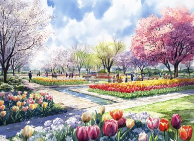 Springtime Tulips in Watercolor Park