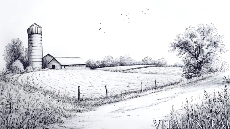 Black and White Farm Scene AI Image