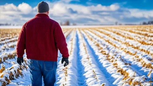 Man Walking in Snow Covered Field