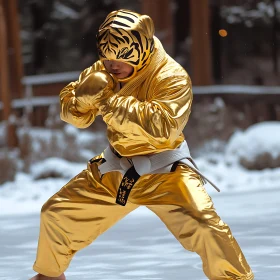 Child in Gold Tiger Suit Karate Practice