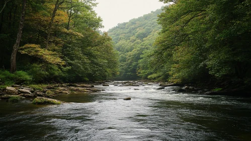 Tranquil River in Dense Forest