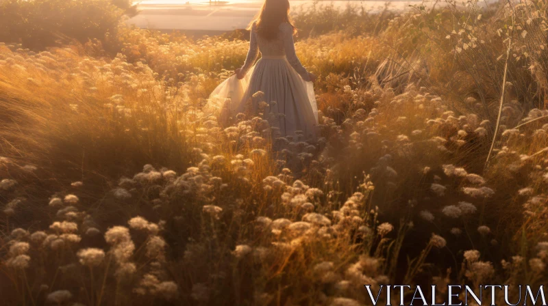 Woman Walking in Golden Field at Sunset AI Image