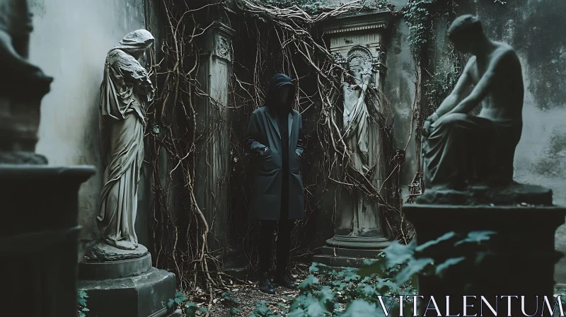 Hooded Figure in a Forgotten Cemetery AI Image