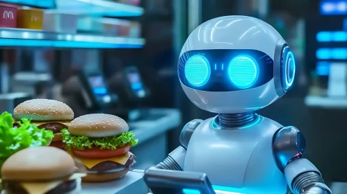 Futuristic Robot Chef with Burgers