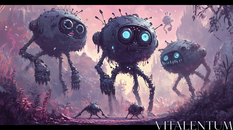 Strange Robots in Pink Landscape AI Image