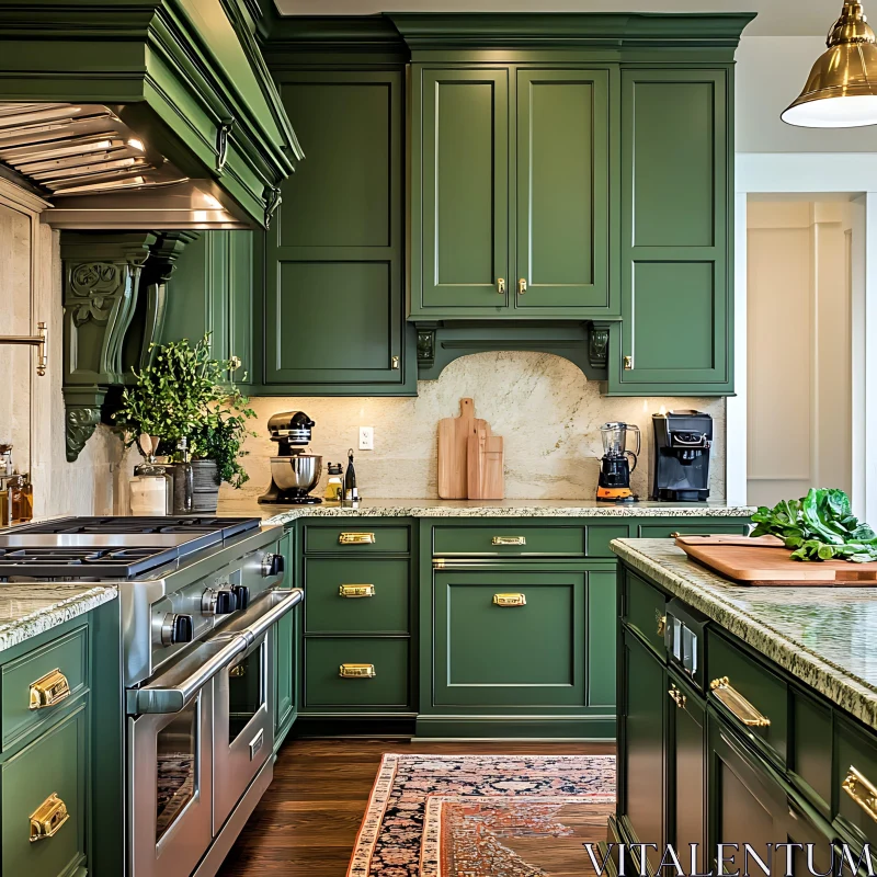 AI ART Stylish Kitchen with Green Cabinets and Granite