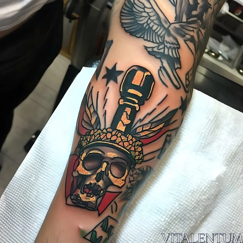 Vibrant Arm Tattoo Design with Skull and Microphone AI Image