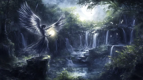 Mystical Angel by the Waterfall