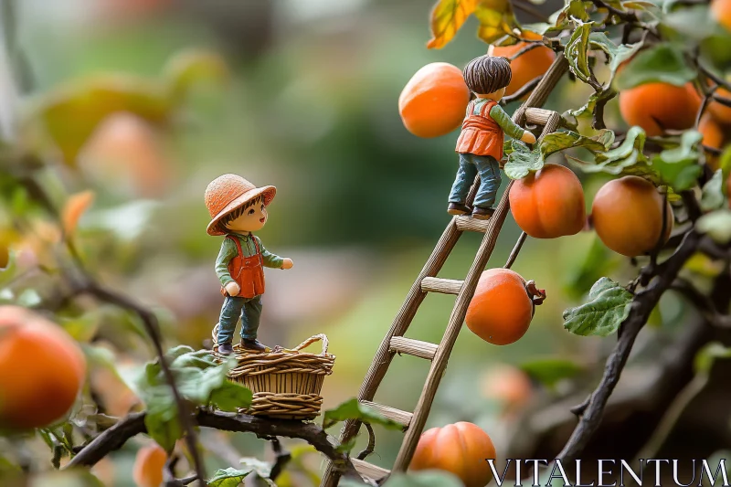 Miniature Figures Harvesting Persimmons AI Image