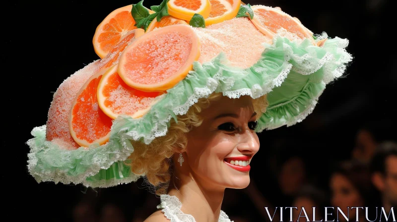 Young Woman Wearing Unique Orange Slice Hat AI Image