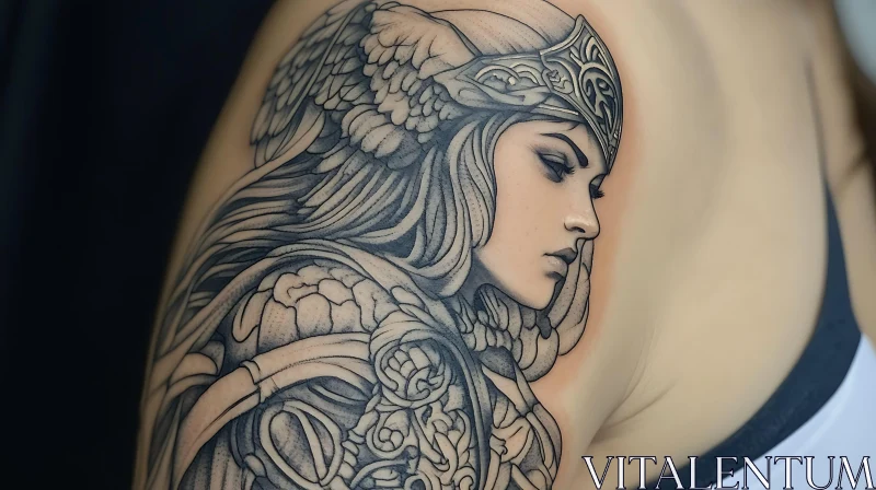 Detailed Female Warrior Tattoo in Black and Grey AI Image