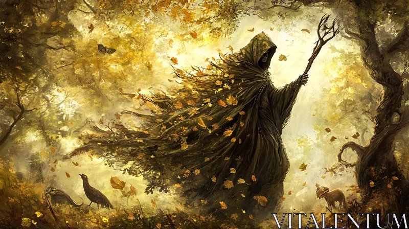 AI ART Autumn Forest Cloaked Figure