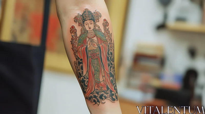 Vibrant Cultural Figure Tattoo on Forearm AI Image