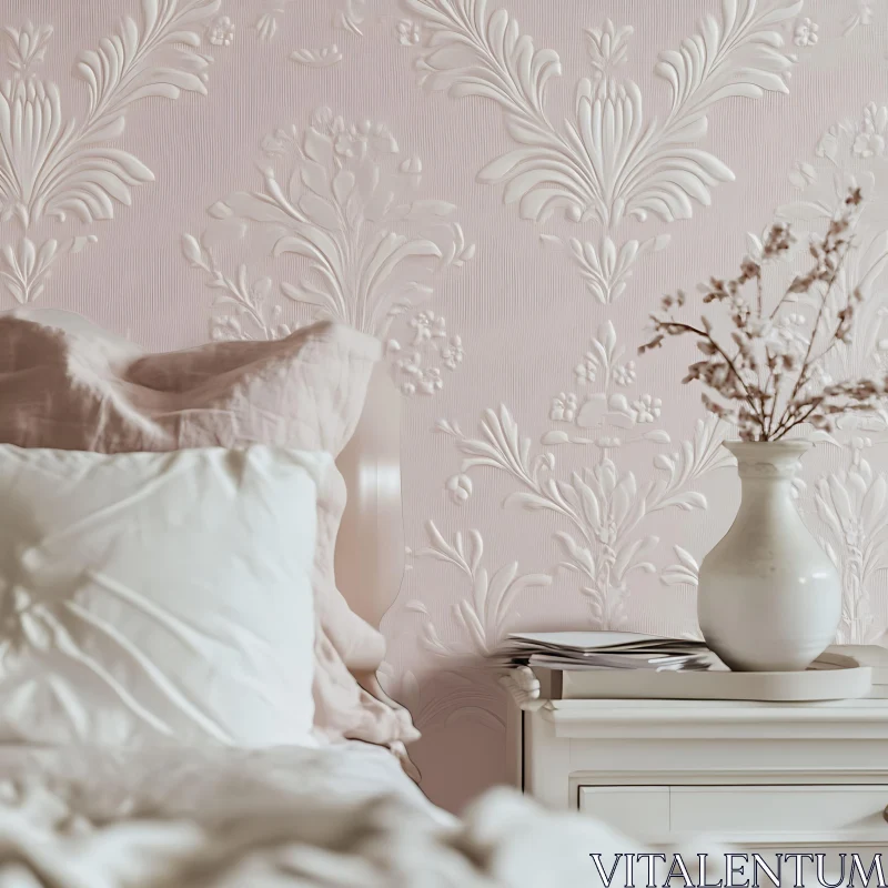 Floral Wallpaper in a Serene Bedroom Setting AI Image