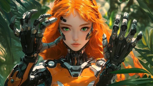 Orange-Haired Cyborg with Green Eyes in Nature