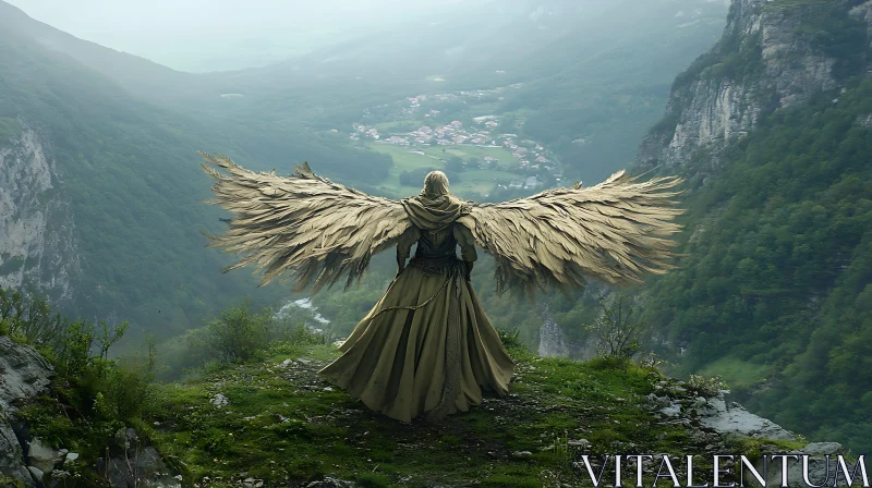 AI ART Winged Figure Overlooking Misty Valley