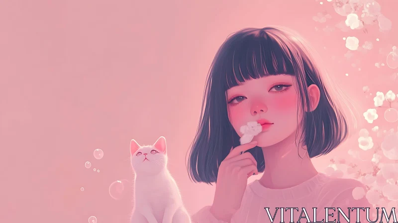 Pink Anime Portrait with Feline Friend AI Image