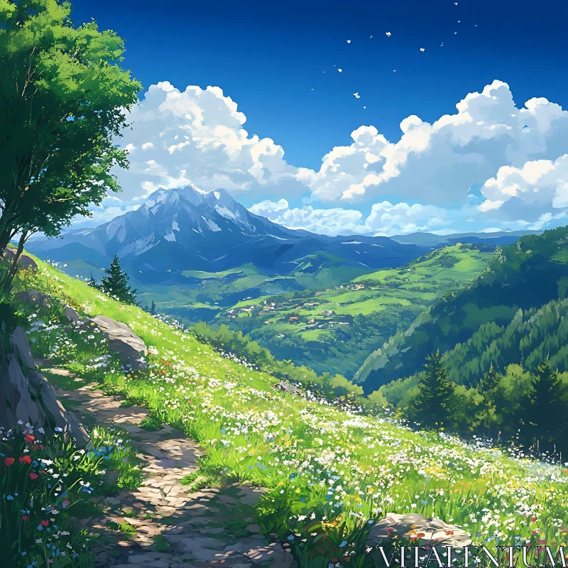 Scenic Mountain View with Flower Meadow AI Image