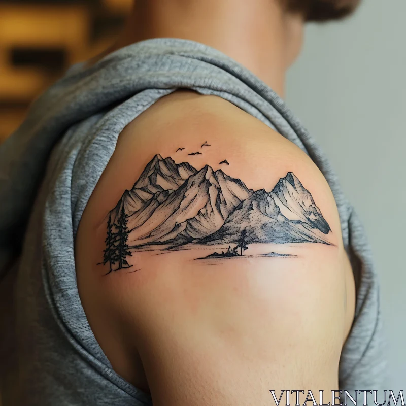 Detailed Black Ink Mountain Tattoo AI Image