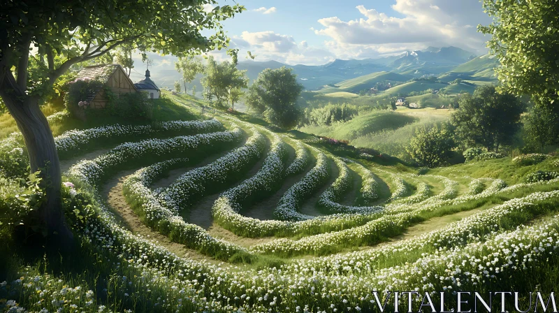 AI ART Idyllic Flower Terraces and Cottage View