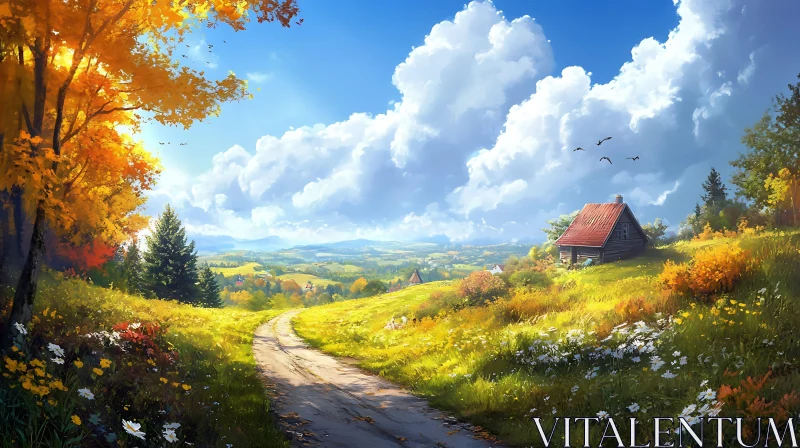 Autumnal Countryside Vista with Quaint Home AI Image