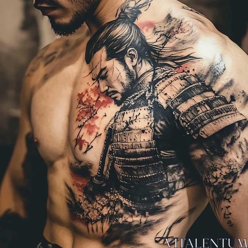 Detailed Samurai Ink Art on Chest AI Image