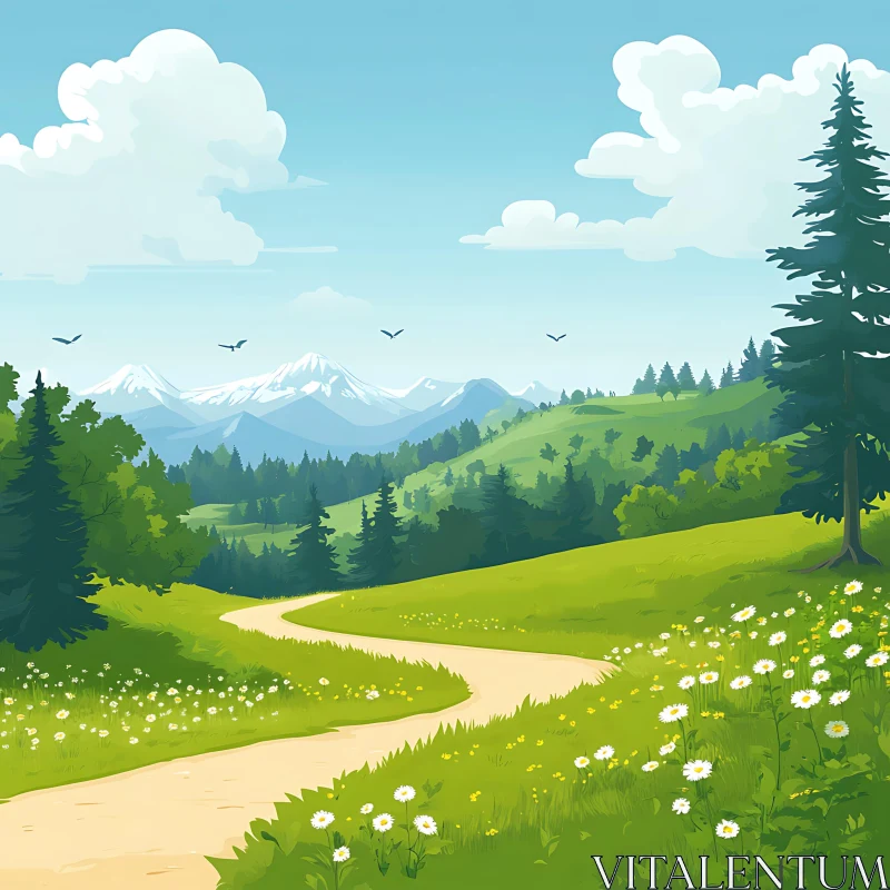 Scenic Mountain Meadow Landscape Illustration AI Image