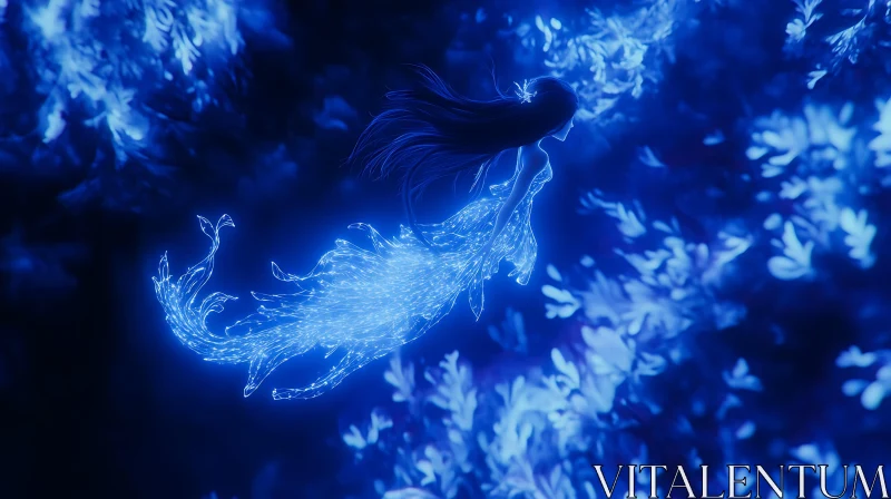 AI ART Luminous Mermaid Amidst Blue Foliage