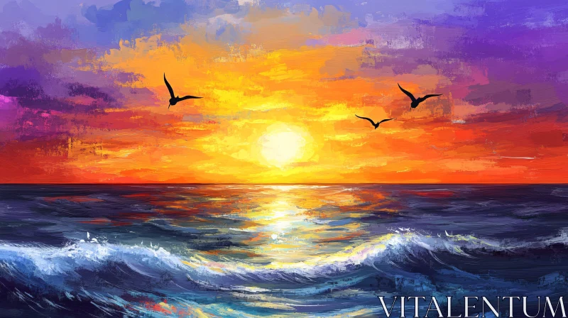 AI ART Sunset Over Ocean with Birds